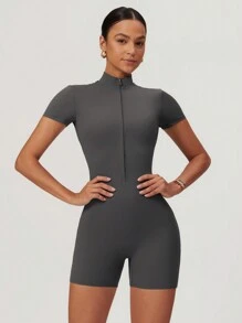 MASKERT Women's Yoga Jumpsuit Exercise Short Sleeved Sports Jumpsuit Skin Friendly High Elasticity Jumpsuit Summer - Flint Stone - View 4