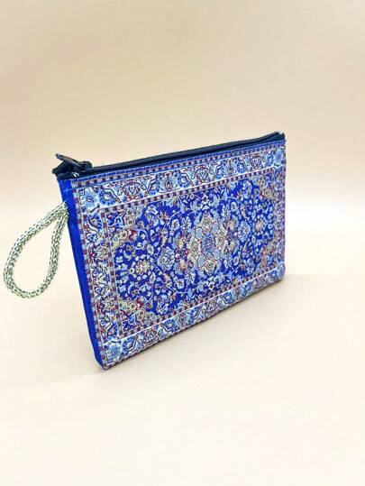 4"X6" Portefeuille zippé de style vintage avec motif bleu et blanc brodé de fil doré, convient pour un usage quotidien, porte-monnaie mini pour femmes