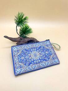 4"X6" Vintage Style Gold Thread Embroidered Blue & White Pattern Zipper Wallet, Suitable For Daily Use, Women Mini Coin Purse - Multicolor - View 5