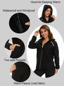 1PC Women's Waterproof Ski Snow Jacket Thermal Lined Warm Winter Rain Jacket With Hood For Hiking & Winter Activities - Black - View 5