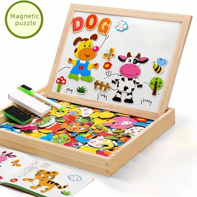 1 Set Wooden Magnetic Puzzle Toy, Educational Toy With Writing Chalkboard And Magnetic Drawing Board, Animal Theme, Suitable For Christmas, Halloween Gifts