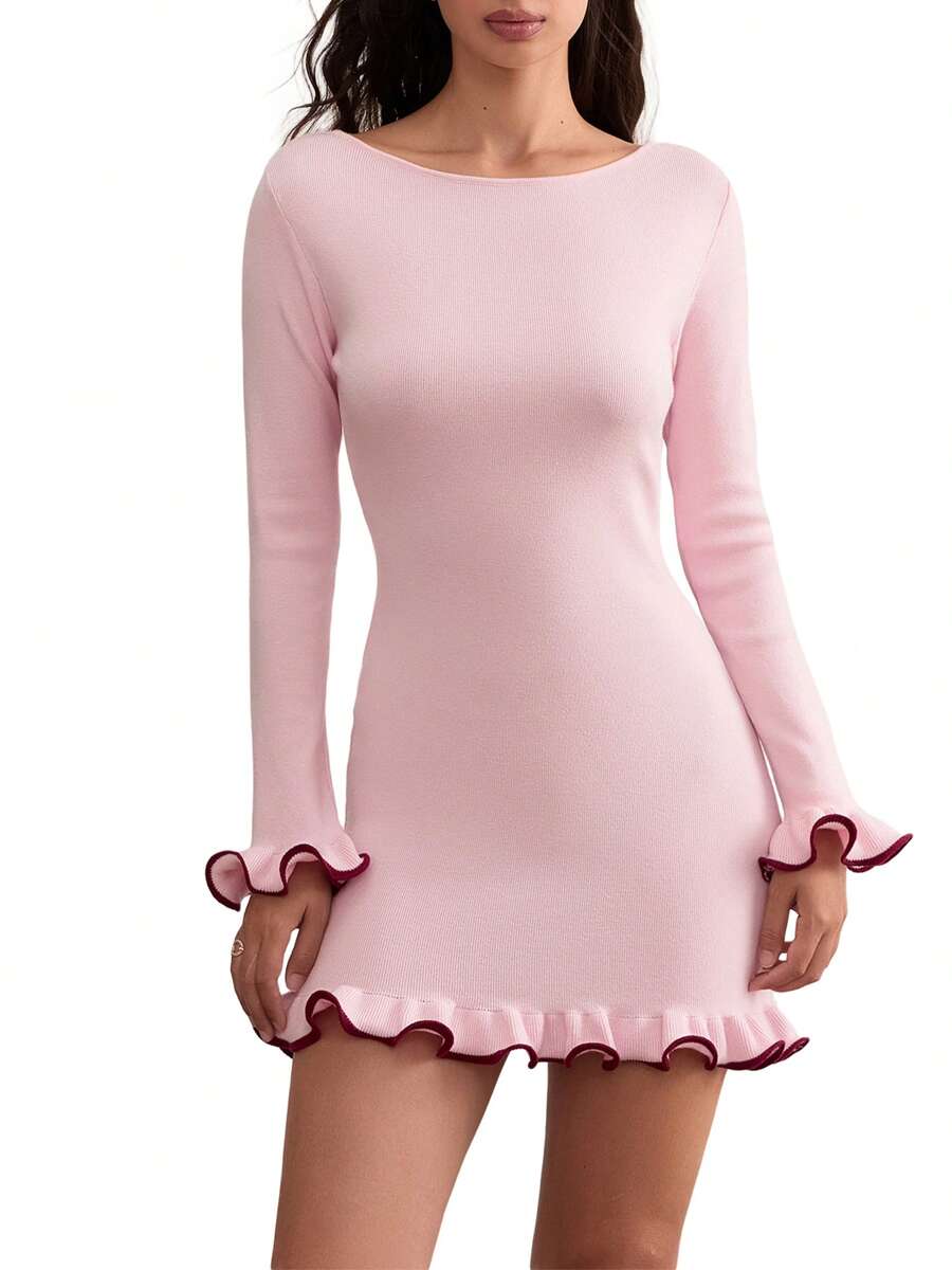 Women's Bodycon Knit Mini Dress Contrast Trim Crew Neck Long Sleeve Short Dresses Lettuce Edge Dress Knitwear For Going Out - Hồng - Xem 1