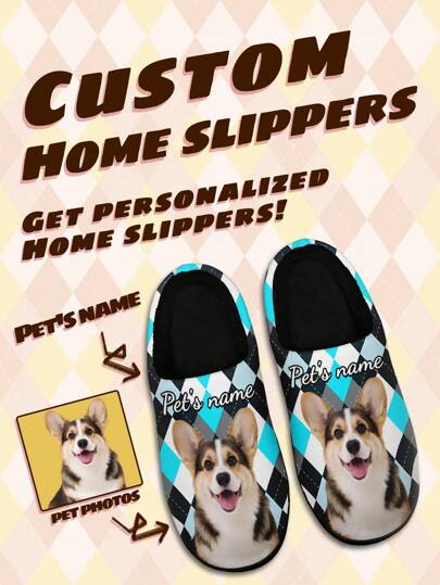 Men's Custom Pet's Name Slippers, Pet's Photo Blue Square Designed Lightweight Comfortable Soft Bottom Slippers For Man, Personalized Fun Gift For Mom/Dad/Her/Him/Girlfriend/Boyfriend/Wife/Husband/Friend