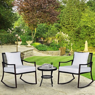 Outsunny 3 Pieces PE Rattan Garden Rocking Chair Set W/ Soft Cushion, Outdoor Rocking Bistro Set With Tempered Glass Round Coffee Table, Pillow, Brown