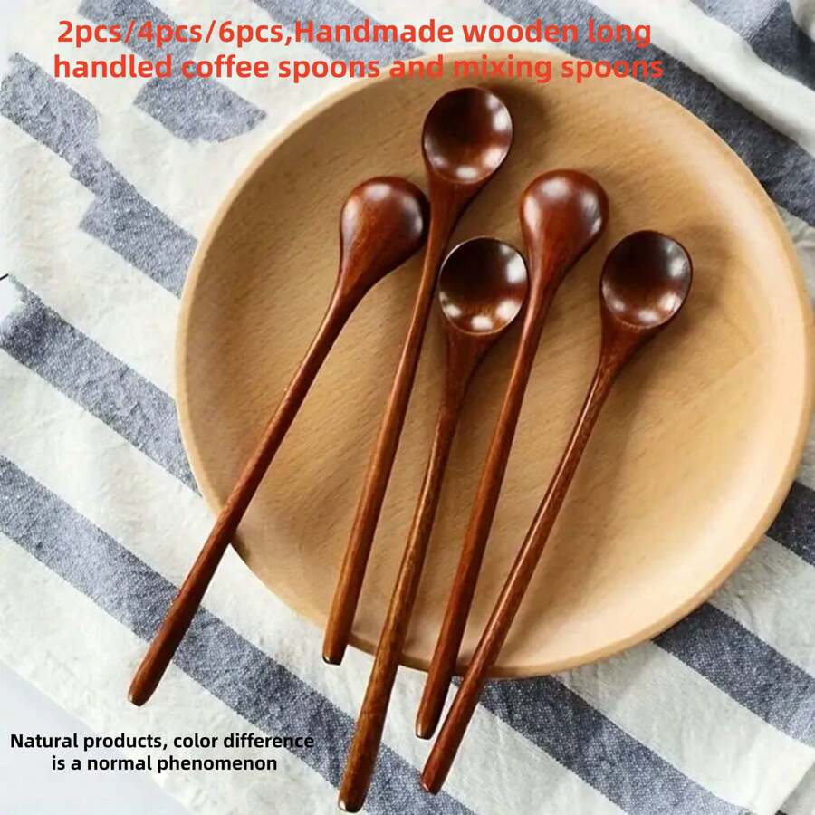 2pcs/4pcs/6pcs/10pcs Long Handle Wooden Coffee Spoon, Long Handle Stirring Spoon, Dessert Spoon, Honey Spoon, Long Handle Small Spoon Back To School - Brown - View 1