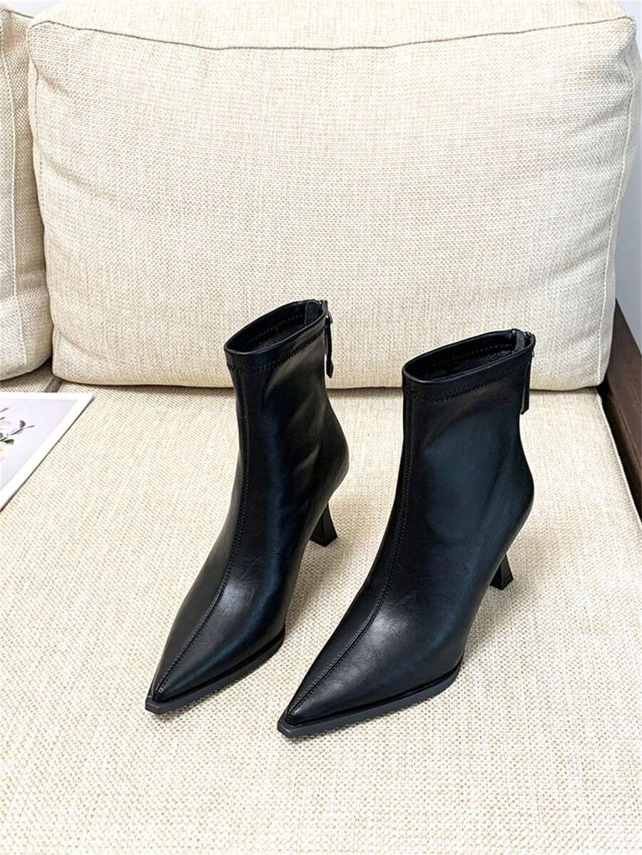 Women's Fashionable Pointy Toe Stiletto Mid-Calf Boots, Versatile Height-Increasing Durable Slip-On Skinny Boots, Suitable For Business, Party, Gathering, Vacation, Wedding, Music Festival - Black - View 1