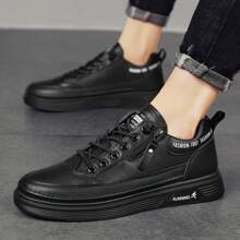 男士低帮透气休闲运动鞋百搭系带经典白鞋简约舒适帆布鞋时尚防滑 - 黑色 - 查看 4