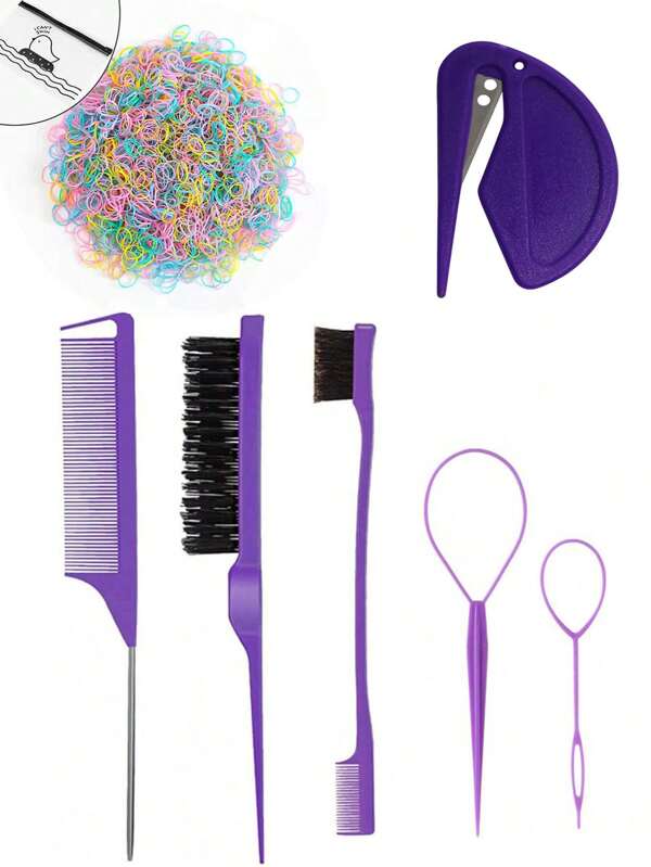 Juego de 11 piezas de herramientas para el cabello en púrpura, que incluye 2 herramientas para trenzas francesas, 1 peine de rata, 1 cepillo desenredante, 1 par de pinzas para el cabello, 5 pinzas tipo cocodrilo y 1 paquete de 1000 elásticos (diámetro 1.22cm/0.48in) (el paquete de 1000 elásticos se puede comprar por separado)