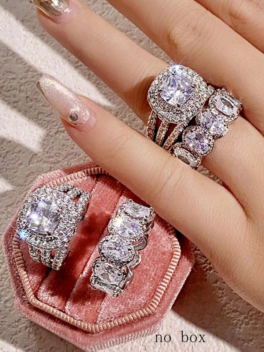 2pcs/Set Women's Ring Set, White Cubic Zirconia Ring, Elegant Wedding Accessory, Eternal Jewelry - Ring Set - View 1