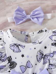 Baby Girls Lovely Cartoon Bow Pattern Round Neck Long Sleeve Ruffle Splicing Dress With Headband, Suitable For Spring And Autumn - Purple - View 3