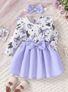 Baby Girls Lovely Cartoon Bow Pattern Round Neck Long Sleeve Ruffle Splicing Dress With Headband, Suitable For Spring And Autumn - Purple - View 1