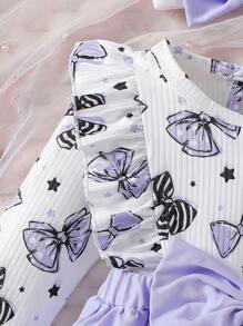 Baby Girls Lovely Cartoon Bow Pattern Round Neck Long Sleeve Ruffle Splicing Dress With Headband, Suitable For Spring And Autumn - Purple - View 4