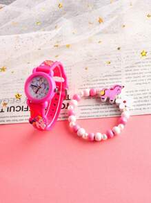 1st Meisjes Eenhoorn Decor Ronde Quartz Horloge & 1st Eenhoorn Armband, Veelzijdig voor Dagelijks Gebruik en Cadeau