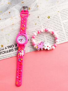 1st Meisjes Eenhoorn Decor Ronde Quartz Horloge & 1st Eenhoorn Armband, Veelzijdig voor Dagelijks Gebruik en Cadeau