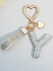 1pc Pink Soft Ceramic Letter Rhinestone Keychain, Cute Personalized Bag/Car Key Chain, Women Accessory, Gift For Mom, Friends, Valentine Valentine's Day Valentines Car Accessories Bag Charm School Goth Y2k - White - View 28