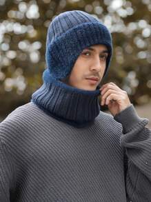 2 件套：1 顶男士无檐便帽 + 1 条围巾，蓬松翻边竖条纹护耳针织帽，保暖防风冬季户外休闲头饰 - A - 查看 16