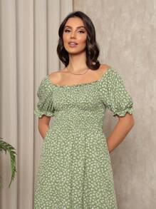 Long Dress With Puffed Sleeves Elastex Print - Màu xanh Bạc hà - Xem 3