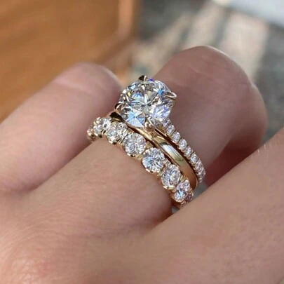 Bộ 3 nhẫn đính hôn bằng hợp kim vàng sang trọng thời trang dành cho nữ đính đá Zirconia, trang sức dự tiệc cầu hôn, kỷ niệm ngày lễ tình nhân, quà tặng sinh nhật, mẹ, mẹ, ngày của mẹ, quà tặng