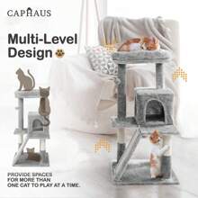 Cats Kittens Tower With Large Modern Widened Perch, Cute 37-Inch Indoor Multi-Level Cat Activity Tree Scratching Posts, Small Ramp, 2-Door Cave Condo For - Light Grey - View 4