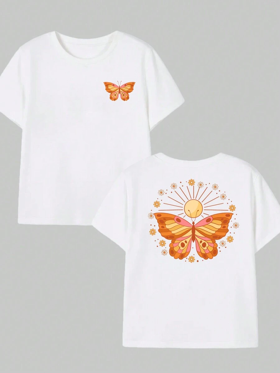 Cotton T-Shirt Artistic Style Butterfly Premium Soft Comfort Summer - 奶油色 - 查看 1