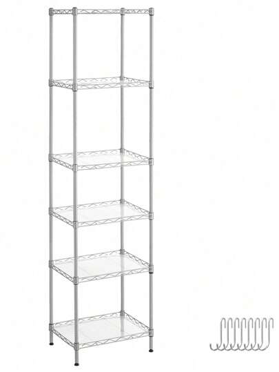  SONGMICS - Estantes metálicos de cocina, estantería de alambre de 5 niveles con 8 ganchos, estante de almacenamiento estrecho con forros de polipropileno, altura ajustable, para baño