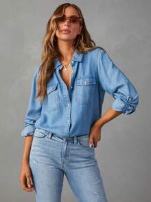 Women's Casual Turndown Collar Single-Breasted Dual-Pocket Long Sleeve Denim Shirt Top, Spring & Autumn - Blue - View 5