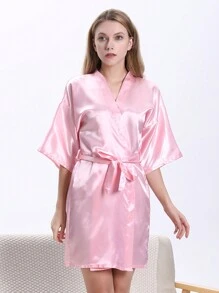 1 szt. Damski, modny, sztuczny jedwabny szlafrok kimono z dekoltem w serek i wiązaniem w talii, krótki rękaw, piżama