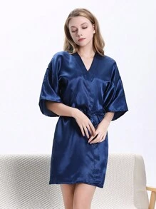 1 szt. Damski, modny, sztuczny jedwabny szlafrok kimono z dekoltem w serek i wiązaniem w talii, krótki rękaw, piżama
