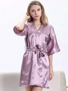 1 szt. Damski, modny, sztuczny jedwabny szlafrok kimono z dekoltem w serek i wiązaniem w talii, krótki rękaw, piżama