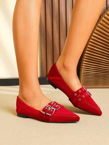 女士平底尖头芭蕾平底鞋,颜色有黑色、红色、酒红色、安哥拉红色,2025 年春夏新品,工作和休闲装百搭,软皮软底,英式休闲鞋,加大码 41-43 - 紅色 - 查看 5