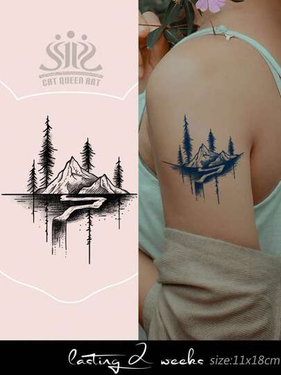 Herbal Juice Semi-Permanent Creative Abstract Mountain, River, Tree Pattern Temporary Tattoo, 7-14 Days Waterproof, Unisex For Holiday Party Daily Wear, Gift, Arm, Thigh, Chest, Back Body Art 1 Sheet