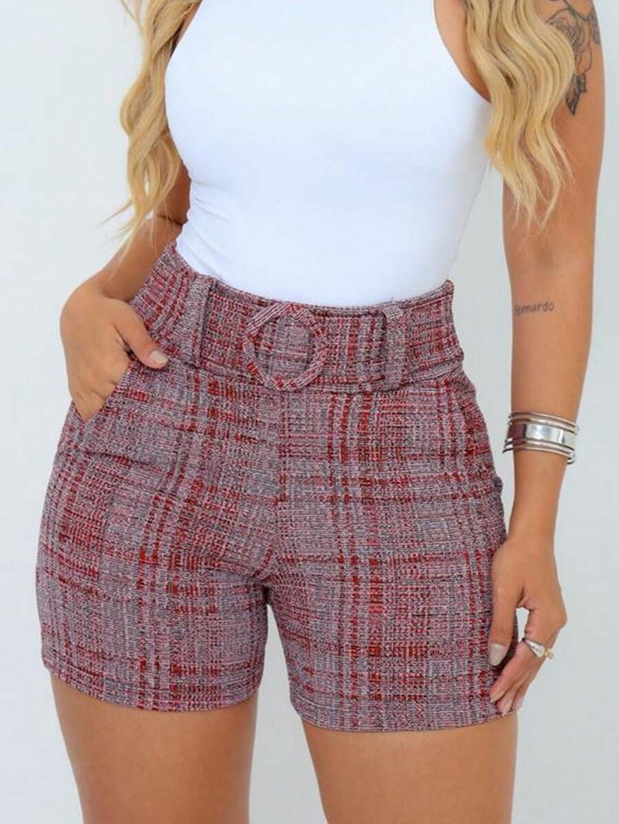 Women's Skinny Linen Shorts With Lined Belt And Pocket - Đỏ - Xem 1