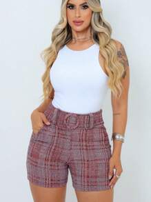 Women's Skinny Linen Shorts With Lined Belt And Pocket - Đỏ - Xem 3