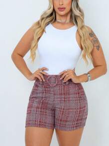 Women's Skinny Linen Shorts With Lined Belt And Pocket - Đỏ - Xem 5