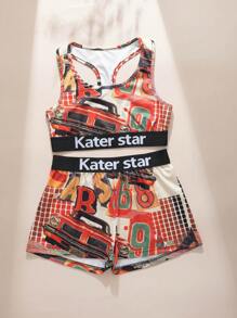 [Retro-Style Series]Women's Letter Print Sports Bra And Pantines Set Lingerie - Multicolor - View 3