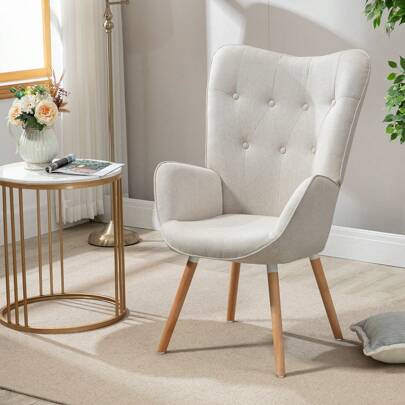 Meubles Cosy Armchair, Wingback Lounge Chair With Wooden Legs, Padded Armrests, Sofa Chair Tub Chair For Living Room Bedroom, Beige