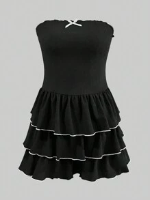 LovelyWholesale Women'S Cute Strapless Bow Decoration Pleated Cake Mini Dress For Spring And Summer - Black - View 5