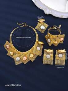 5 件/套铜 18k 镀金夸张优雅项链耳环戒指手链首饰套装，适合日常装饰或送礼 - 金黃色 - 查看 2