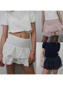 Women's Shirred Mini Skirt A-Line Pointelle High Waist Layered Ruffle Skirt For Summer Party Club - White - View 2