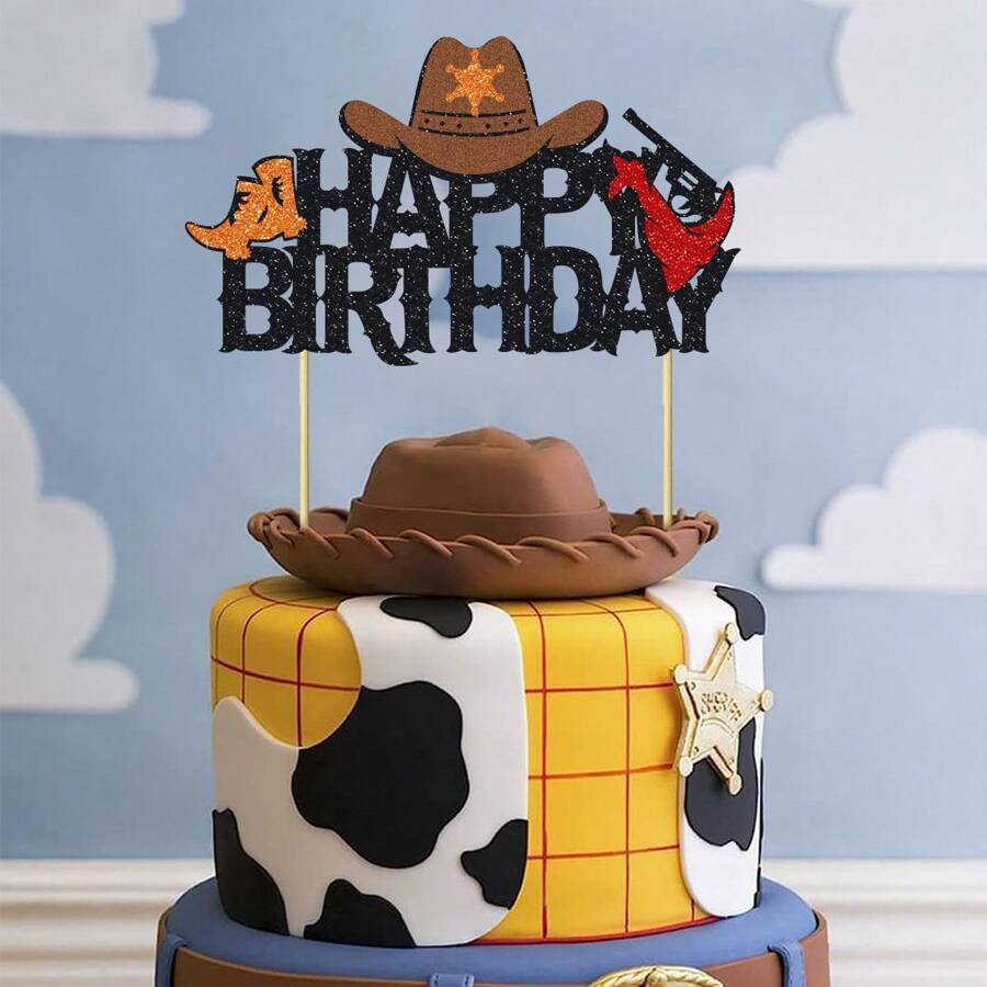 1/11/16件套西部牛仔蛋糕装饰套装，牛仔布、亮片、马蹄铁、牛仔帽、靴子，西部/牛仔主题生日派对蛋糕装饰 - 彩色 - 查看 1