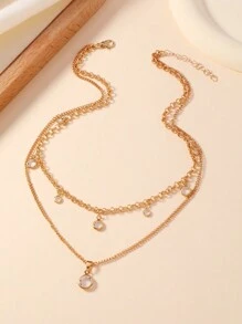 1 Dây chuyền đá Rhinestone 2 lớp, thời trang cho phụ nữ, thích hợp để đeo thường ngày, tiệc tùng và hàng ngày - Vàng - Xem 2