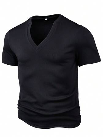 男士纹理条纹短袖纯色性感 V 领 T 恤