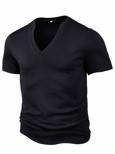 男士纹理条纹短袖纯色性感 V 领 T 恤