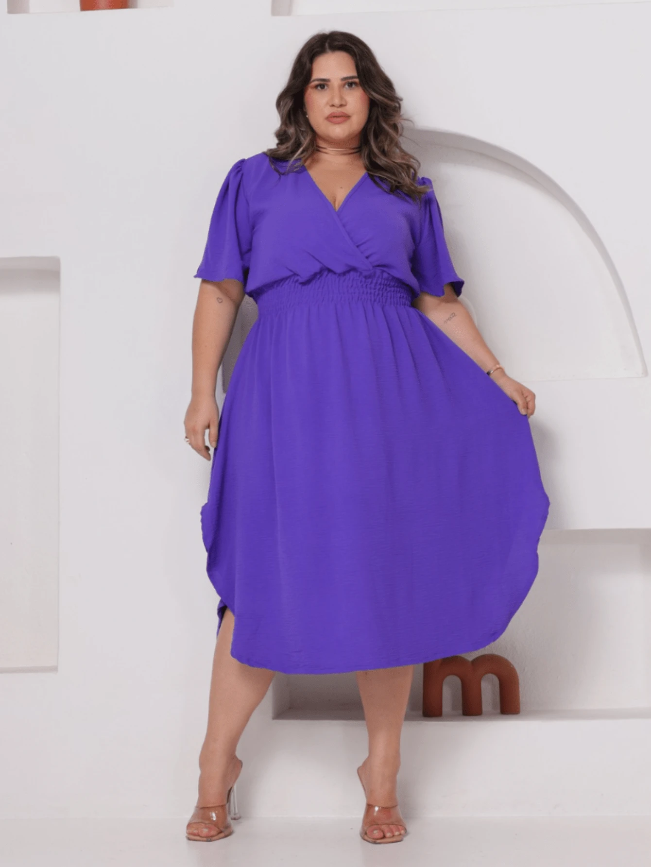 Women's Plus Size Midi Dress Wrapped Short Sleeve Duna Elegant Casual - Purple - View 1