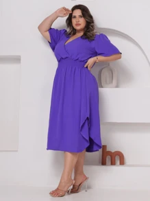 Women's Plus Size Midi Dress Wrapped Short Sleeve Duna Elegant Casual - Purple - View 5
