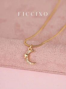FICCINO Starry Moon Embellished Pendant Necklace, Gold Plated Titanium Steel Snake Chain Adjustable Length Dainty Jewelry, Cute & Lovely Style, Ideal Gift For Anniversary, Holiday, Christmas With Gift Box - 497n - View 2