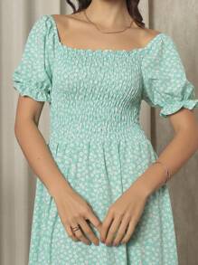 Long Dress With Puffed Sleeves Elastex Print - Mint Blue - View 4