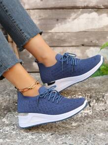 Giày đế dày đính đá thời trang mùa xuân 2024 cho nữ, giày thể thao thường ngày cỡ lớn thoáng khí, giày chạy bộ thể thao màu trơn đơn giản nhẹ gót dày thoải mái thời trang, giày đi bộ màu xanh - Màu xanh lam - Xem 5