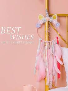1pc Unicorn Dreamcatcher With Feathers, Wall Hanging Decor For Room, Bedroom, Nursery, Home Decoration, Birthday, Graduation Gift - Multicolor - View 3