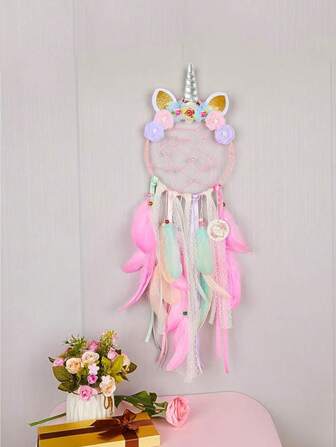 1 件装独角兽捕梦网羽毛捕梦网花羽毛壁挂装饰家居装饰适用于房间、卧室、托儿所、家居装饰、房间装饰、墙壁装饰